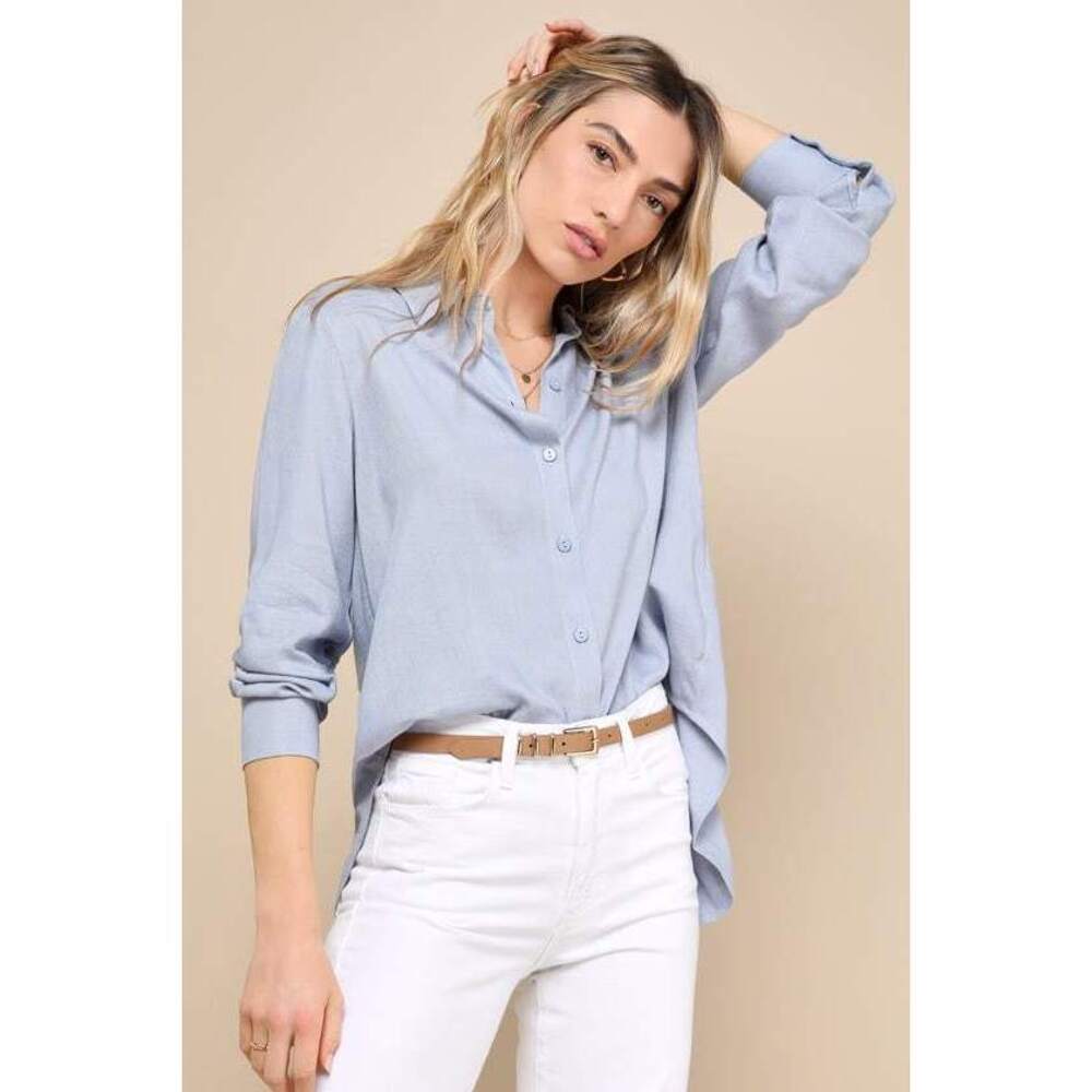 Lulus Notable Aesthetic Light Blue Linen Collared Button-up Top - Size XS